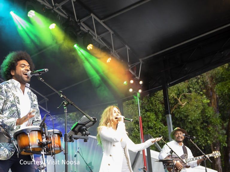 A live music band performing at a regional cultural event, capturing the vibrant festival atmosphere in the Noosa community.